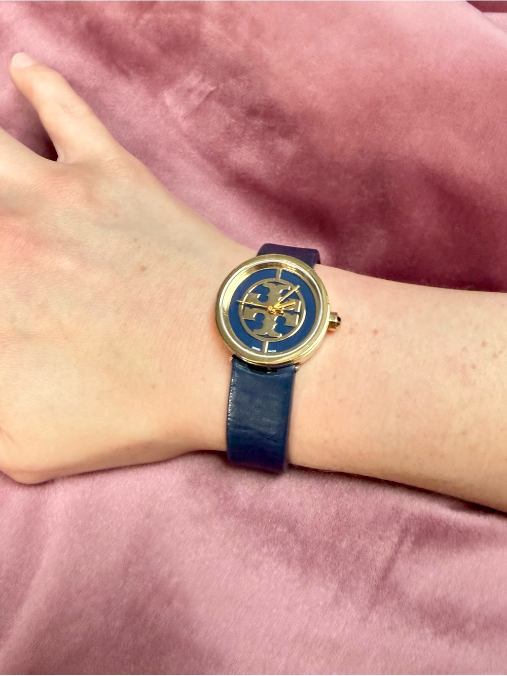 Tory Burch Reva Logo Navy Blue Leather Gold Swiss Watch